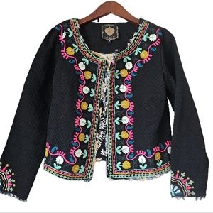 Z&L Europe Embroidered Fringe Trim Open Front Black Embroidered Jacket Size M‎